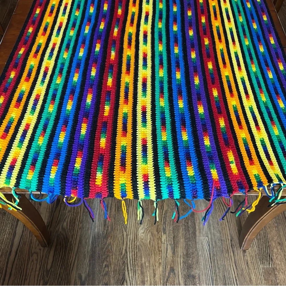 Handmade Crochet Afghan Throw Blanket Rainbow Striped Fringe Boho Retro